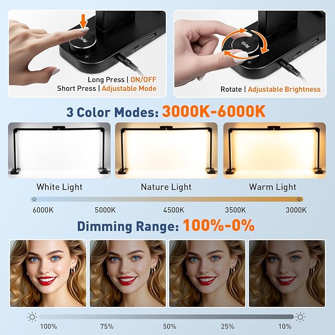 KIRKAS 34inch Large Half Moon Light for Nail Tech, 456 LEDs 3 Color Modes Infinitely Knob Arch Nail Light with Phone Holder Charging Function, Foldable Lighted Desk Lamp for Manicure, Handicraft-Black