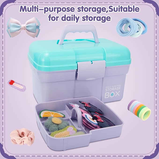 11in Mutipurpose Storage Box Organizer with Removable Tray, Portable Small Craft Organizer with Handle, Plastic Clear Tool Box Art Case for Makeup, Sewing, Nail, Hair Accessories (Purple Blue)