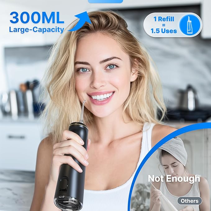Water Flosser for Teeth, Cordless Oral Irrigator Portable Dental Cleaner Picks with 8 DIY Modes 7 Jets 300ml Tank Braces Flossers Rechargeable (Black)