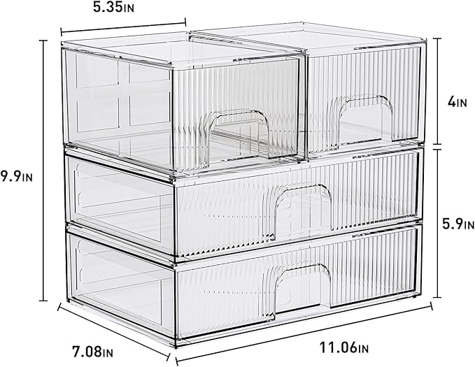 ZHIAI Stackable Storage Box, Acrylic Organizer, Cosmetic Organizer for Cosmetics and Beauty Products for Dressers, Bathrooms, Cabinets, Bedrooms and Home Organization 4 Piece Set