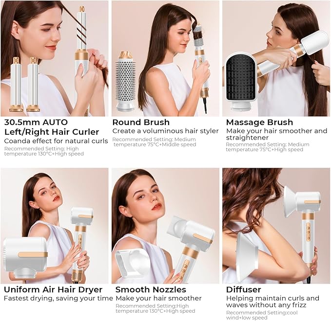 7 in One Blow Dryer Brush, Negative Ion Hair Dryer Brush Set Upgrade Hot Air Brush Air Styler Curling Wrap Air Curler, Curling Iron Hair Styling Tools As A Gift for Straight/Curl/Drying/Smoothing