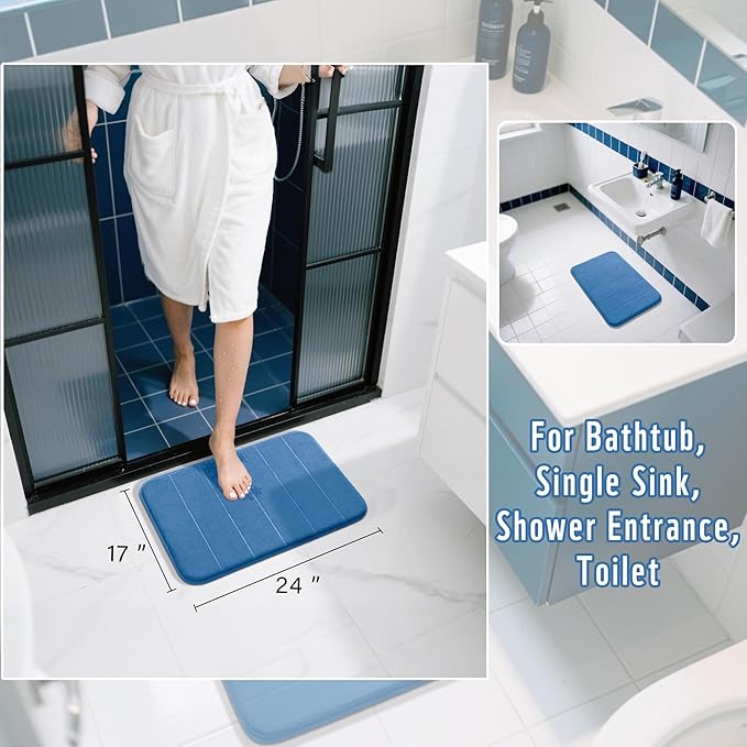 Yimobra Memory Foam Bath Mat, Super Soft Absorbent Bathroom Rug Non Slip, Quick Dry, Machine Washable Floor Carpet for Tub Shower, Home Decor Accessories, 24x17, Blue