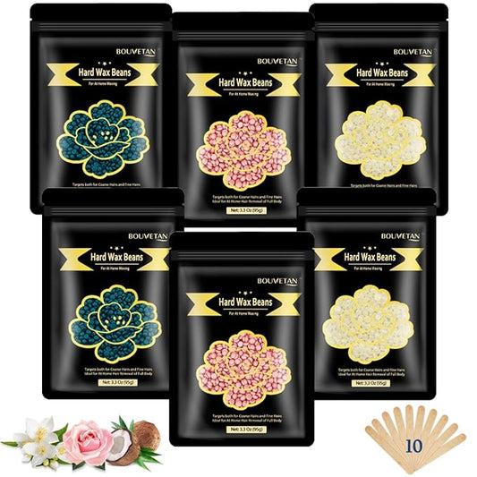 Wax Beads for Hair Removal, 1.3Lb/21oz Hard Wax for Eyebrow, Face, Bikini, Legs, Arms, Full Body Waxing with 10pcs Wax Spatulas, 6 Packs