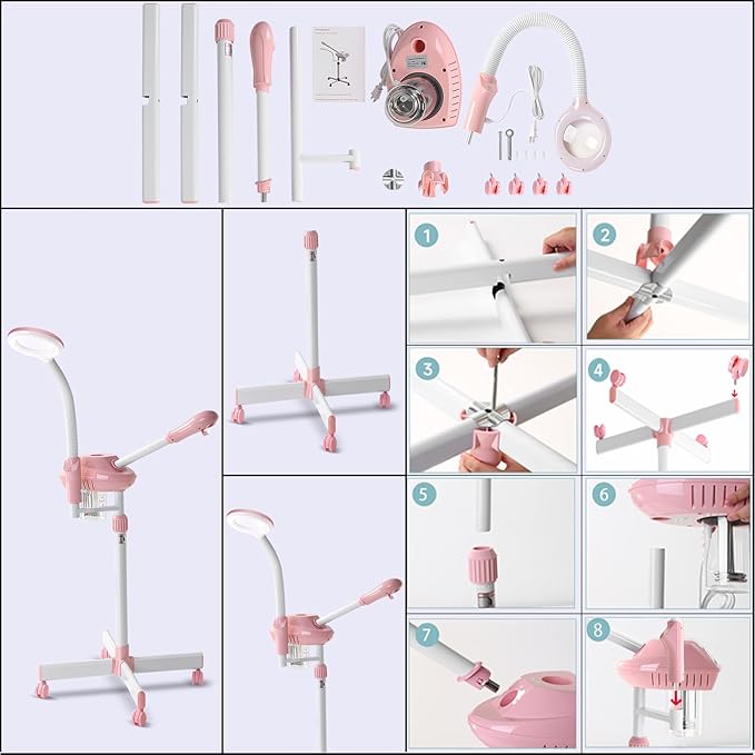 Professional Facial Steamer, 2In1 Face Steamer on Wheels for Facial Deep Cleaning, SPA Facial Steamer for Esthetician with 5X Magnifying Lamp, Stand Face Steamer with Time Setting, Pink