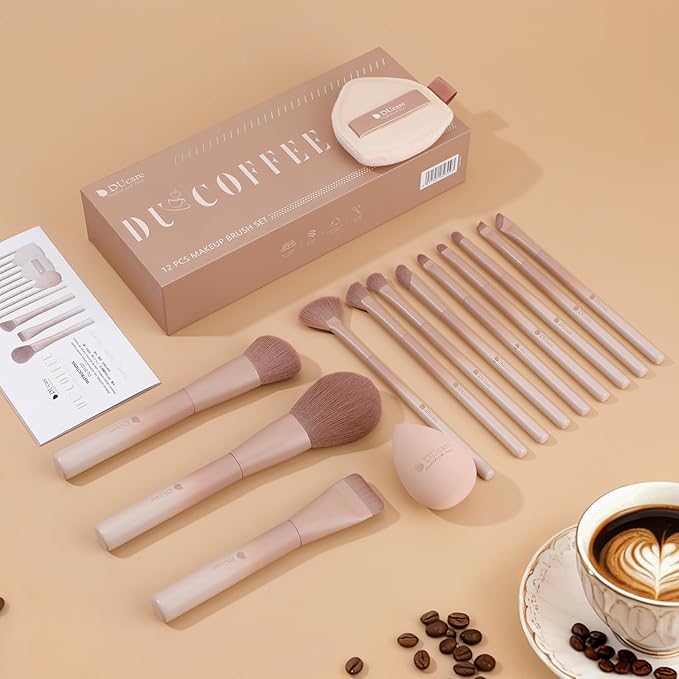 DUcare 14pcs Christmas Makeup Set,12Pcs Coffee Series Makeup Brush set with 2pcs Makeup Sponges Foundation Blending Face Powder Blush Eye Shadows Brushes