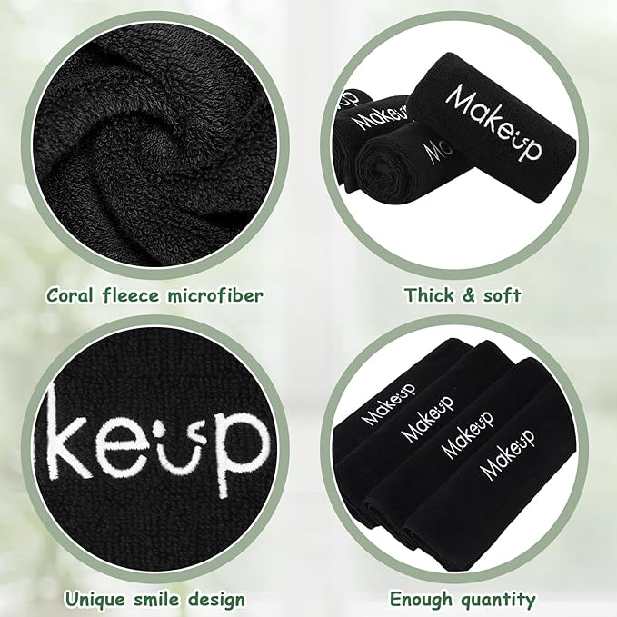 Shimeyao 13x13 Inch Black Makeup Towels Reusable Makeup Washcloths for Face Facial Remover Washcloths Absorbent Cotton Towel for Women Skin Care (6 Pcs,Smile Pattern)