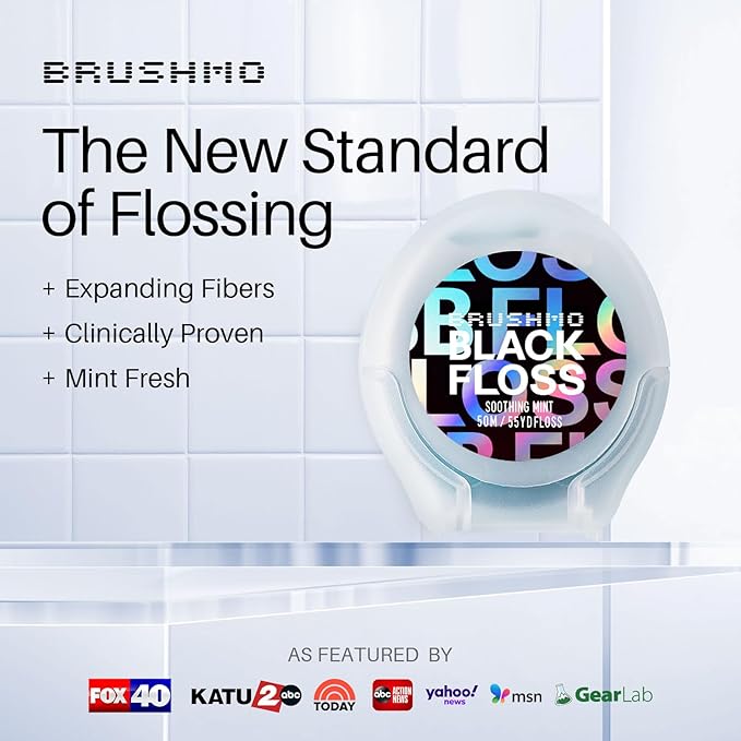 Brushmo Black Floss (BBFloss) - Expanding Floss, Gum-Friendly Soothing Mint Dental Floss, Natural Vegan Wax to Remove Plaque from Teeth, US-Dentist Designed PTFE & PFAS Free Oral Care, 1 Spool, 55 yd