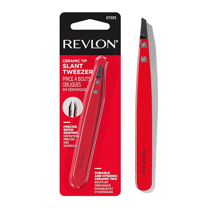 Revlon Ceramic Slanted Tip Tweezers, Precision For Eyebrow Shaping and Fine Hair Removal, Stocking Stuffer for Women & Men, Stainless Steel Body, 1 count
