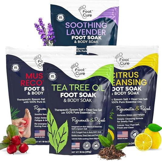 FOOT CURE Premium Epsom Salt Foot Soak - Tea Tree Oil Foot Soak for Athletes - Relaxing Foot Bath with Fungal Support - Foot Soaking Salts & Oils - Soothing for Tired Feet & Calluses (Pack of 4)