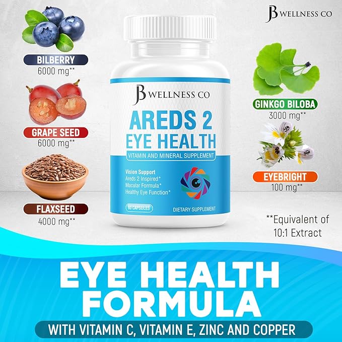 JB Wellness AREDS 2 Eye Vitamin & Mineral Supplement, Contains Lutein, Vitamin C, Zeaxanthin, Zinc & Vitamin Enhance Vision Supplement - 60 Count