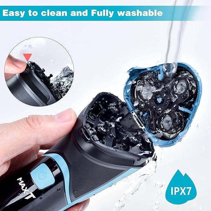 MAX-T Electric Razor for Men with Pop-Up Trimmer, IPX7 Waterproof Electric Shaver, 3D Rotary Shaver, Rechargeable Cordless Shavers for Men, Type-C, 120Mins Runtime, Plug & Play