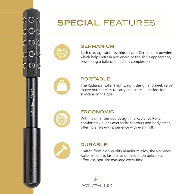 Radiance Roller – Germanium Stone Facial Massage Tool for Lifting, Sculpting, De-Puffing, Glow Boost, Energizing & Cooling Effect (Black)