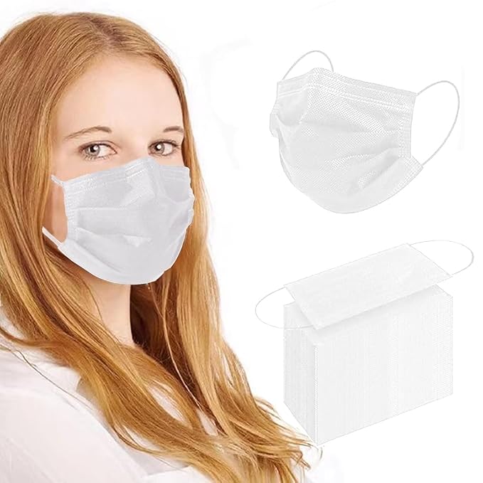 100Pcs White Disposable Face Mask, 3 Ply Masks with Soft Elastic Ear loops