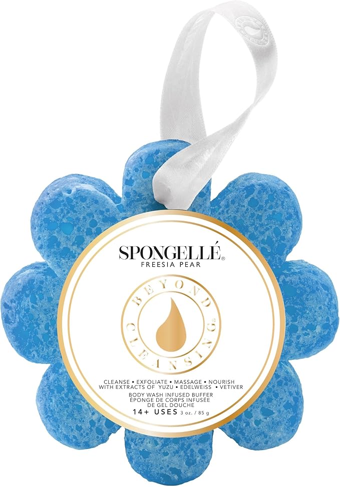 Spongelle Freesia Pear Wild Flower Buffer Body Scrubber | Bath & Shower Loofah for Women | Exfoliator with Body Wash Infused Sponge | 14+ uses
