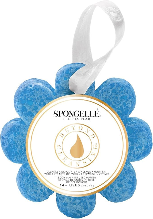 Spongelle Freesia Pear Wild Flower Buffer Body Scrubber | Bath & Shower Loofah for Women | Exfoliator with Body Wash Infused Sponge | 14+ uses