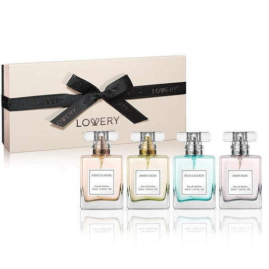 LOVERY Christmas Gifts for Women, Perfume for Women, Women's Perfume Gift Set - 4pc Sampler With Vanilla Musk, Amber Noir, Blue Lagoon & Mary Rose Fragrances - Large Bottle of Floral Parfum