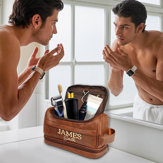 Personalized Toiletry Bag for Men Him, Gifts for Men, Custom Leather Travel Bag Shave Kit, Engraved Pattern Text, Ideal Christmas Gift for Dad, Birthday, Boyfriend, Anniversary, Husband, Son
