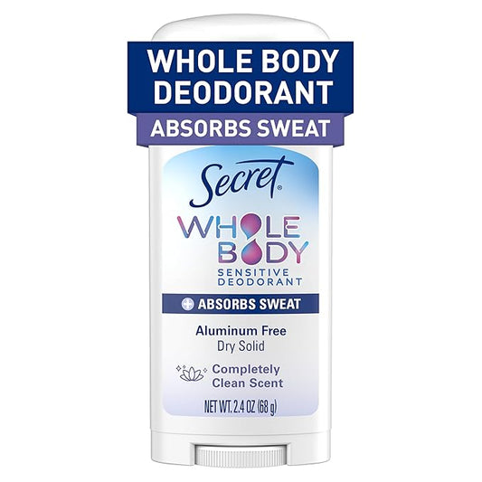 Secret Whole Body Deodorant Dry Feel Stick + Absorbs Sweat for Women, Naturally Derived Ingredients, Completely Clean Scent, Aluminum Free Deodorant Stick, 72 HR Odor Protection, 2.4 oz
