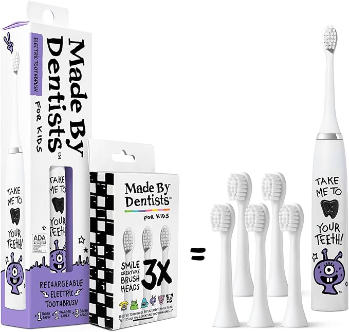Made by Dentists Kids Electric Toothbrush - Rechargeable Vibrating Toothbrush with Timer, Includes 6 Replacement Heads, Gently Cleans Teeth, Girls and Boys, Kid & Toddlers Age 2+, Alien