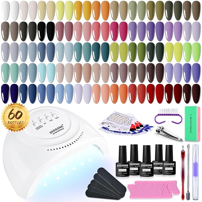 JODSONE 60 PCS Gel Nail Polish Kit with U V Light 55 Colors Gel Polish Base Top Coat Manicure Gifts