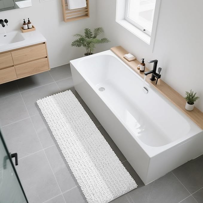 Yimobra Bathroom Runner Rug 70x24 Inch - Extra Long Non Slip Chenille Bath Mat, Soft & Absorbent, Machine Washable Shaggy Hallway Carpet for Vanity Tub Shower, White Home Decor Accessories