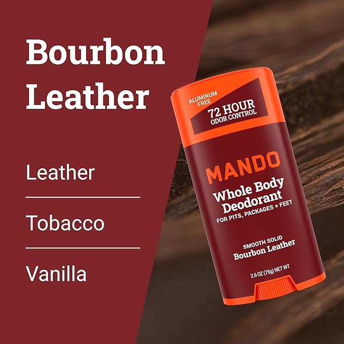Mando Whole Body Deodorant For Men - Smooth Solid Stick - 72 Hour Odor Control - Aluminum Free, Baking Soda Free, Skin Safe - 2.6 Ounce (Pack of 2) - Bourbon Leather