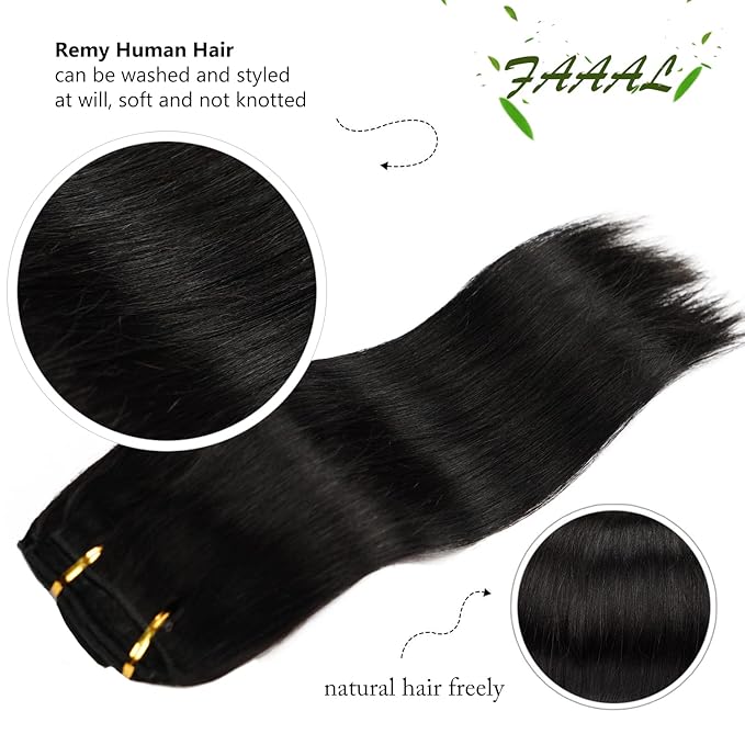 16" Clip in Human Hair Extensions Full Head 130g 7 Pieces 16 Clips 1B# Natural Black Double Weft Brazilian Real Remy Hair Extensions Thick Silky Straight (16", Natural Black)