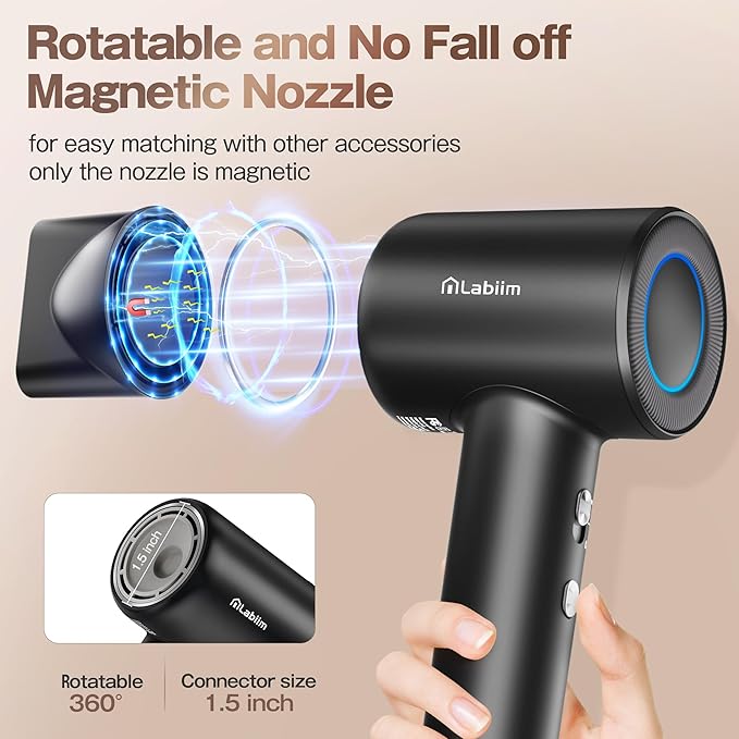 Hair Dryer, High-Speed Ionic Low Noise Blow Dryer with Brushless Motor for Fast Drying, Thermo-Control Quiet Compact Hair Blow Dryer, Hairdryer with 1 Nozzle Attachments for Home Salon Travel
