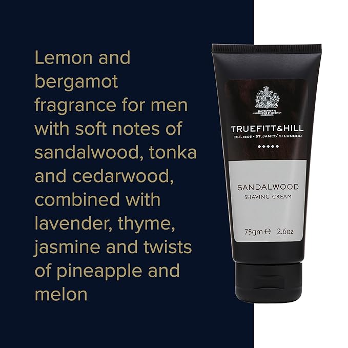 Truefitt & Hill Shaving Cream Tube - Sandalwood - Premium Glycerin-Based Lather, Smooth Glide, and Hydration for a Luxurious Shave - 2.65 oz.