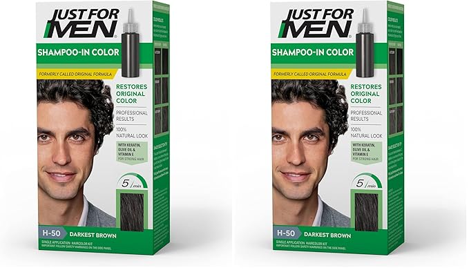Just For Men Shampoo-In Color (Formerly Original Formula), Mens Hair Color with Keratin and Vitamin E for Stronger Hair - Darkest Brown, H-50, Pack of 2