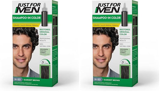 Just For Men Shampoo-In Color (Formerly Original Formula), Mens Hair Color with Keratin and Vitamin E for Stronger Hair - Darkest Brown, H-50, Pack of 2