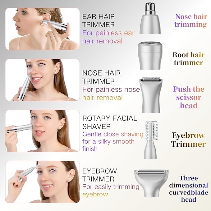 5-in-1 Rechargeable Nose & Ear Hair Trimmer - IPX7 Waterproof Dual Edge Grooming Kit for Men & Women, Perfect for Hair Removal of Nose, Eyebrows, Beard, Bikini, and Facial Hair (White)