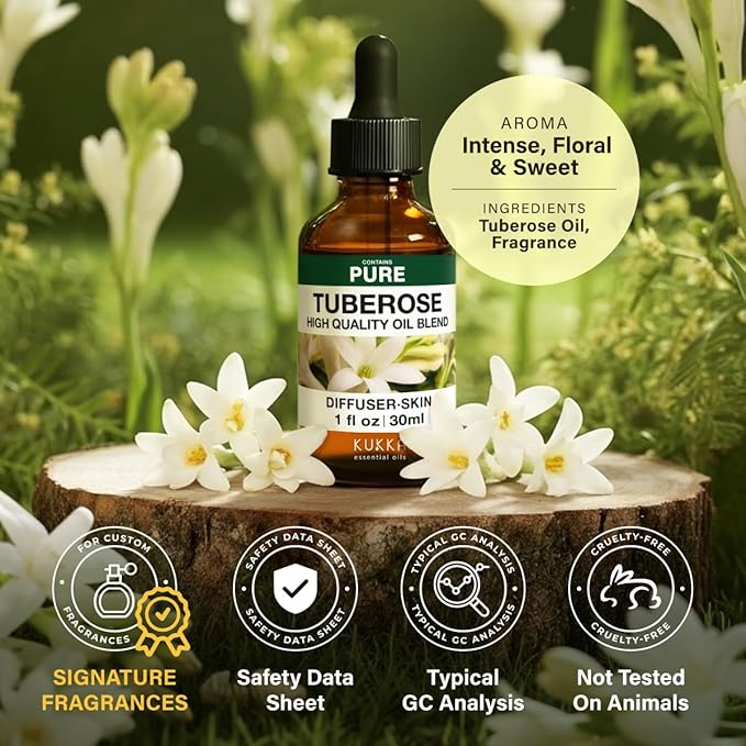 KUKKA Tuberose Essential Oils - 1 Fl Oz - for Hair, Skin, Diffuser, Aromatherapy & DIY Soap Making Scent