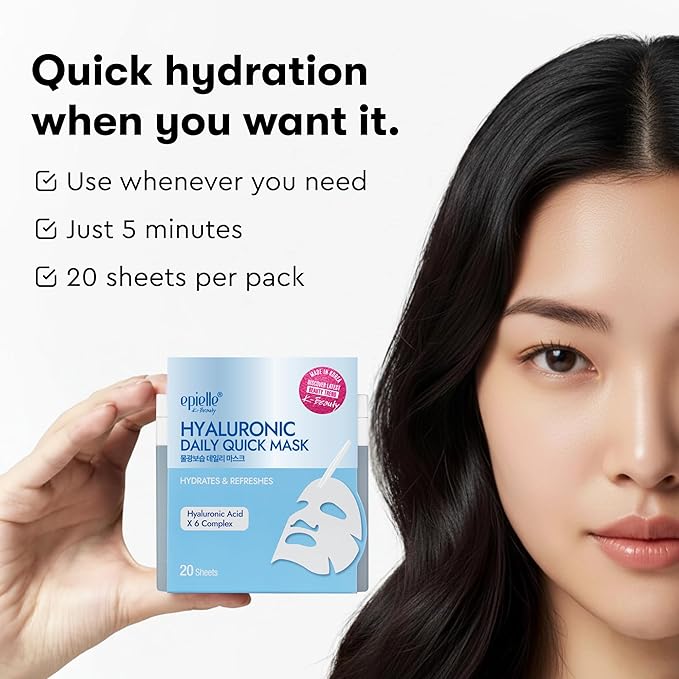 Epielle Hyaluronic Acid Korean Face Masks 20 Pack - 6x HA Complex Hydrating Sheet Masks for Anti Aging & Dry Skin, Thanksgiving Essentials & Stocking Stuffers for Women