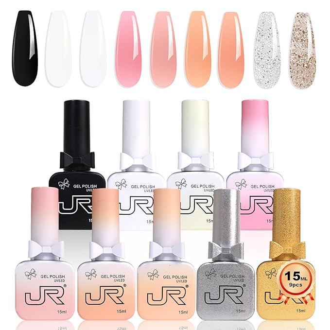 JR 9pcs 15ml Gel Polish Set Black Milky White Nude Pink Glitter Color Jelly Gel Polish Kit UV LED Soak Off Polish Nail Art Manicure Salon DIY Home