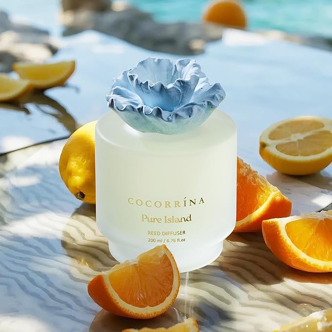 COCORRÍNA Gypsum Flower Reed Diffuser – Pure Island Scent, 6.76 oz Oil with 8 Sticks, Long-Lasting Home Fragrance for Bathroom Décor