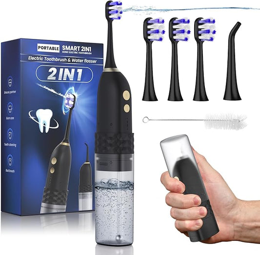 Portable Water flosser with Electric Toothbrush, 2 in 1 Teeth Cleaning Kit, Electric Toothbrush and flosser Combo, Water Flosser for Travel and Home-(Black)