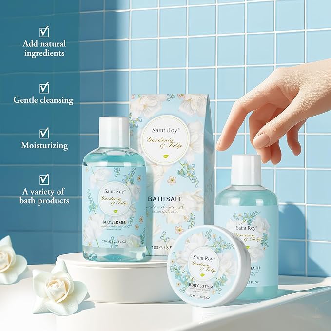 Christmas Gifts for Women, Spa Gift Baskets for Ladies 8pcs Gardenia Tulip Bath Gift Sets with Body Lotion, Spa Gifts for Mother Luxury Spa Gift Basket for Women, Relaxing Spa Birthday Gifts
