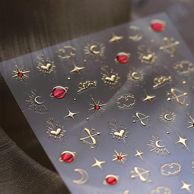 Gold Star Nail Stickers for Nail Art 3D Self Adhesive Moon Heart Nail Art Stickers Gold Star Nail Decals Glitter Nails Design for Acrylic Nails Heart Moon Star Nail Supplies for Women Girls