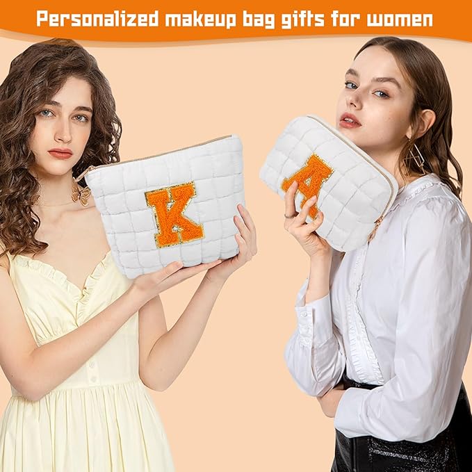 2PCS Initial Checkered Makeup Bag, Large Quilted Cosmetic Bag, Cute Make up Pouch for Purse, Travel Toiletry Storage Bag for Women Preppy Teen Girls Gift Trendy Stuff Gift (White K)