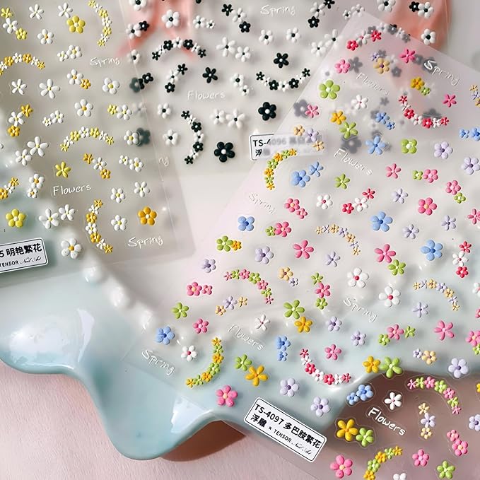3 Sheets Flower Nail Art Stickers 5D Embossed Colorful Summer Spring Nail Stickers for Nail Art Cute Daisy Nail Decals Self Adhesive Flower Nails Supplies Spring Nail Design for Women Girls