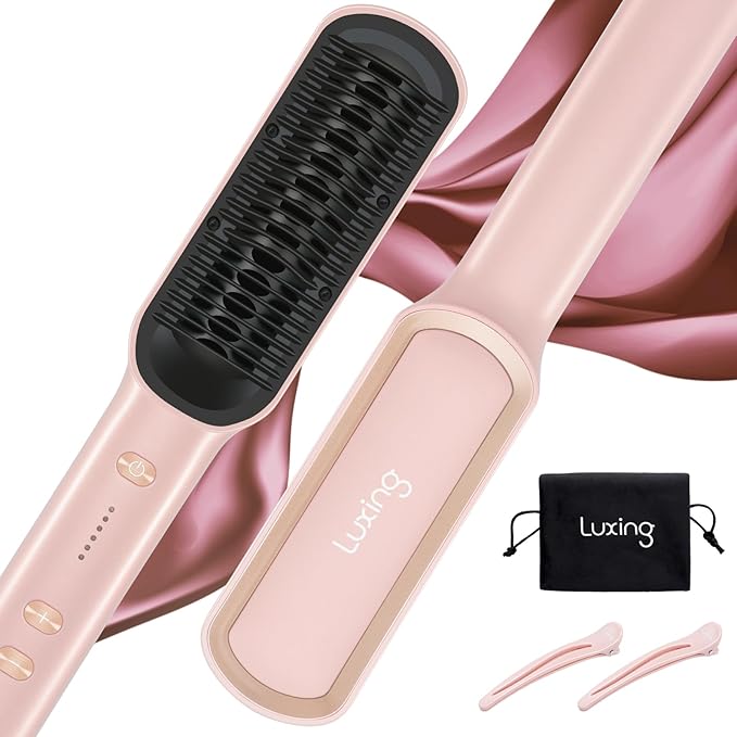 Hair Straightener Brush, Luxing PuraLux Straightener Comb, Fast Heating Hair Straightening Comb, 5 Temp Settings & Anti-Scald with Ceramic Coating, Professional Styling Tools (Pink)