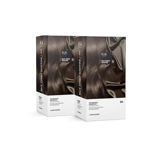 IGK Permanent Hair Color Kit | 6N But First Coffee - Light Natural Brown | 100% Gray Color Coverage + Strengthen + Shine | Ammonia Free