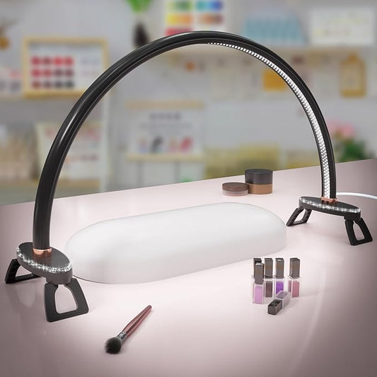 Half Moon Light for Nail Desk, Black Nail Tech Desk Lamp with Stepless Dimming, 3 Color Temperature, for Manicure, Tattoos, Eyebrows, Beauty