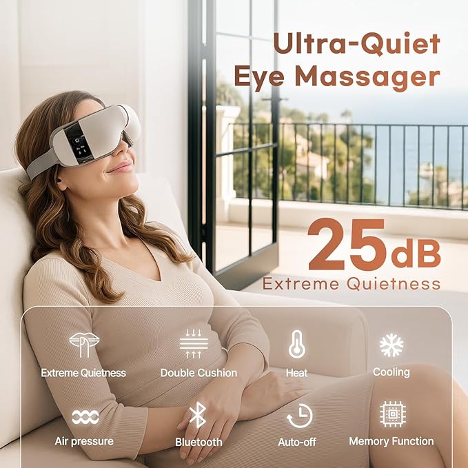 HubiCare Ultra Quiet with Double Pad Eye Massager, under 30dB Heat & Cooling for Enhanced Comfort, Airbag and Bluetooth Music for Dark Circles, Dryness, Relieve Strain and Migraine Relief Relaxation