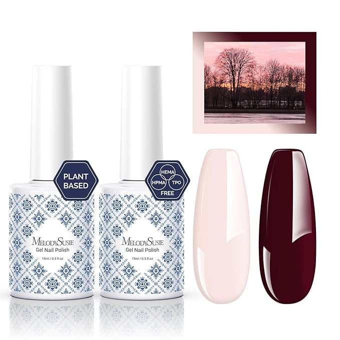 MelodySusie Fleurwee Plant Based Gel Nail Polish, 2 Pcs Hema Free Gel Polish Red Brown and Nude Pink Nail Polish 21 Non Toxic Long Lasting Nail Art Salon DIY Manicure at Home Gift for Women