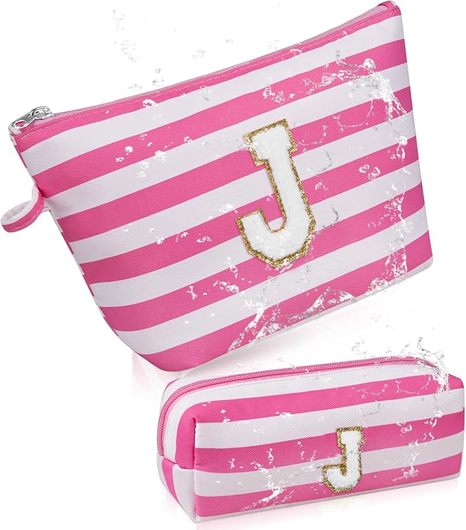 Initial Makeup Bag Personalized Stripe Cosmetic Bag Cute Waterproof Travel Toiletry Bag Birthday Gifts for 10 11 12 13 14 15 16 Years Old Teen Girl Gift Trendy Stuff (Pink J)
