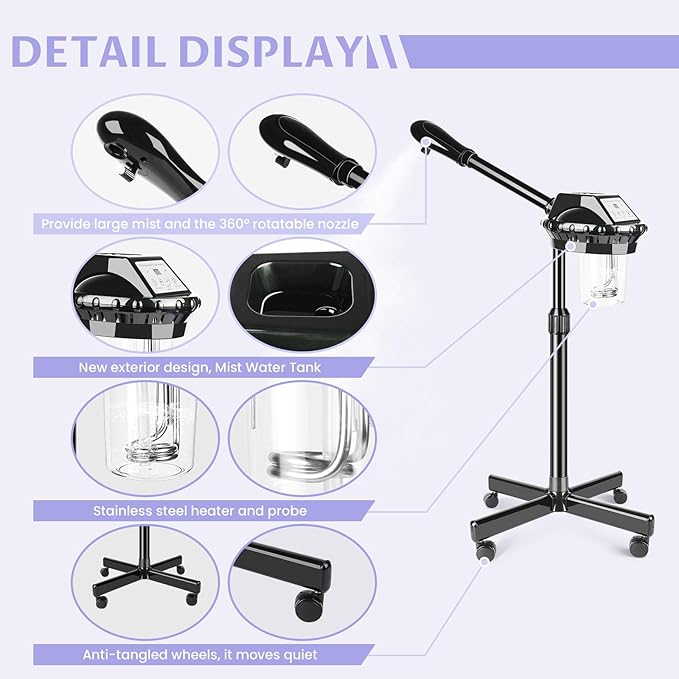 Professional Facial Steamer, Facial Steamer on Wheels, Face Steamer with Time Setting, Stand Face Steamer Adjustable Height for Spa, Salon and at Home use