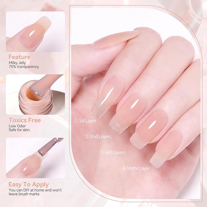 Born Pretty Jelly Gel Nail Polish Jelly Nude Gel Polish Sheer Translucent Skin Stone Natural Soak Off Hema-Free Gel Polish Nail Art DIY 15ML