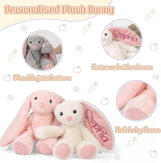Personalized Bunny Plush with Embroidered Name, Custom Stuffed Animals for Babies, Bunnys Plush Toys for 3 Years Old Girl Gifts, Birthday Easter for Baby Boys Girls Toddlers Newborn (Bunny)